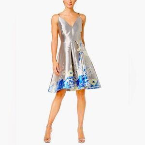 CALVIN KLEIN Elegant Silver and Blue Floral Dress, SIZE 4, BRAND NEW W TAGS
